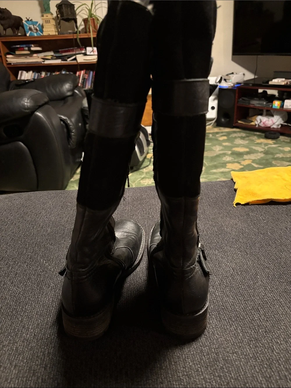 Women's Black Leather Knee-High Winter Boots with Faux Shearling Trim